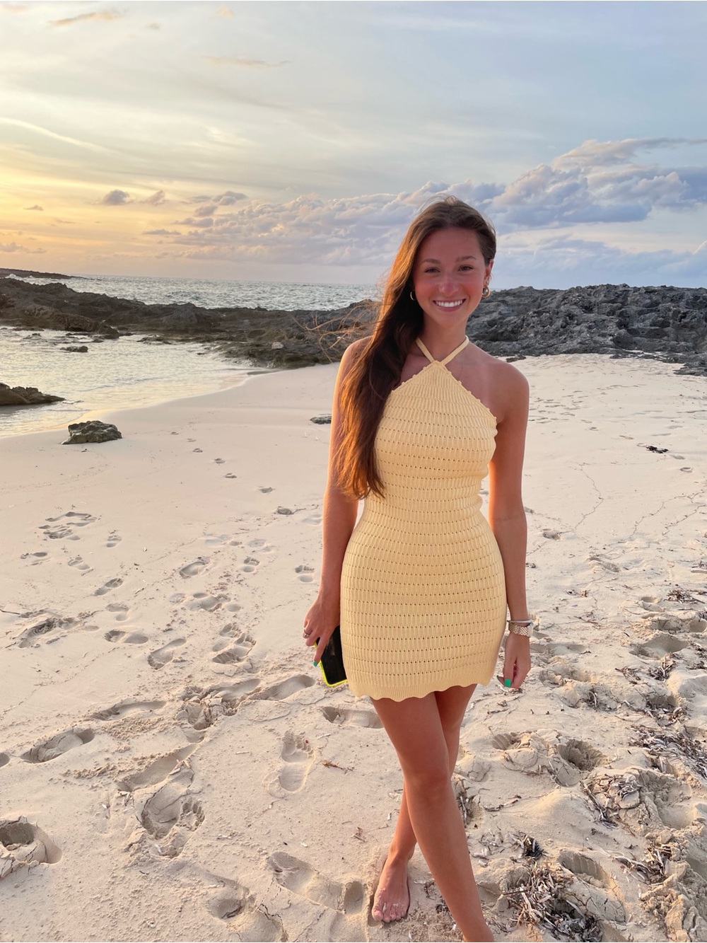 Le Lis Yellow Crochet Halter Mini Dress